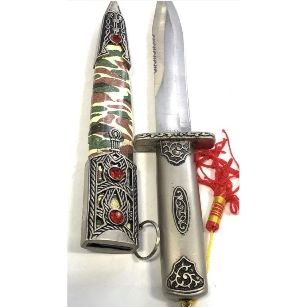 Ornate Hunting Knife Silver Hilt Camo Scabbard Red Tassel Faux Gemstones China